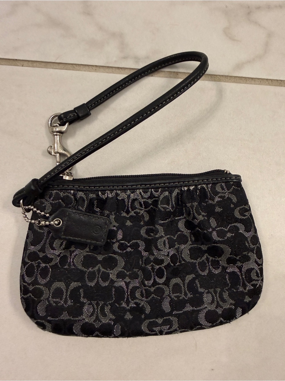 Coach Black Logo Jacquard Wristlet with Leather Strap